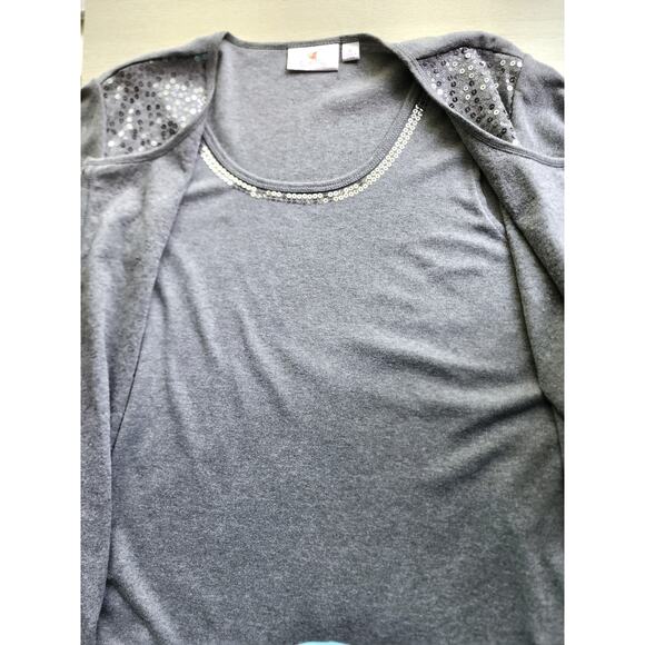 TOP/CARDIGAN-QUACKER FACTORY-Gray-One Piece Tank & Cardigan-Sequins-Size LRG - Picture 5 of 13